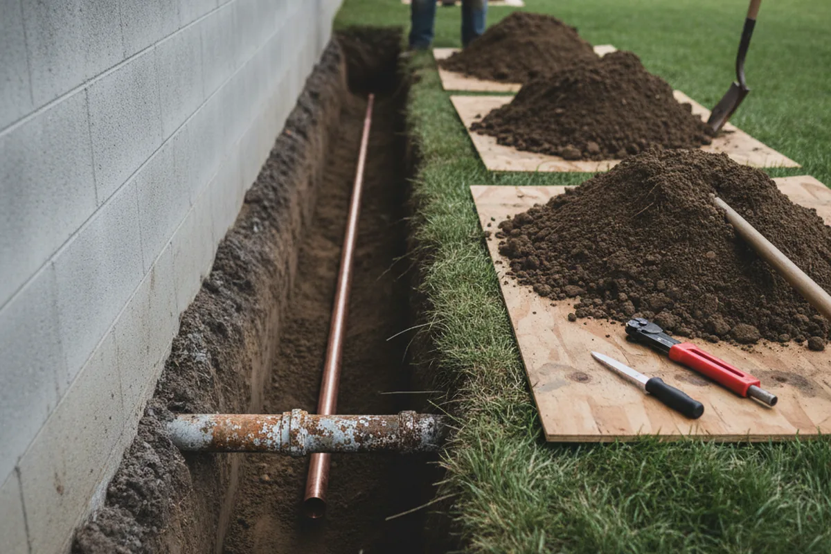 Excavated water line trench during Water Softener Installation in Blandford